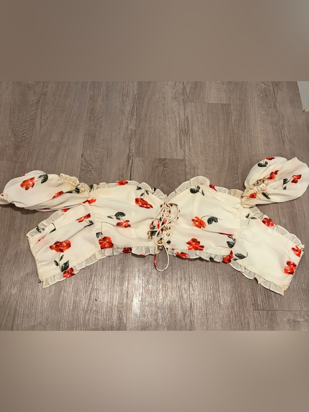 Floral Lace-Up Ruffle Crop Top - White with Red Floral